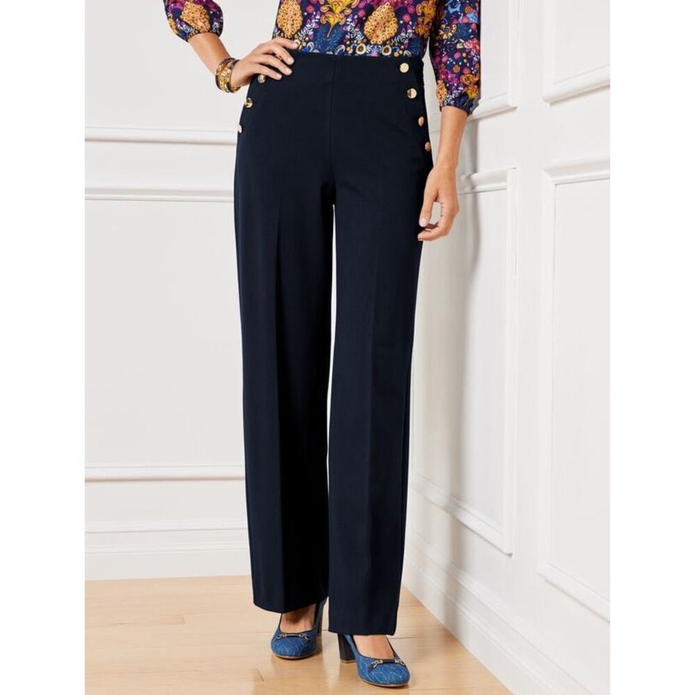 Talbots Greenwich Wide Leg Pants Size 14 Petite High Rise Sailor Gold Button NWT